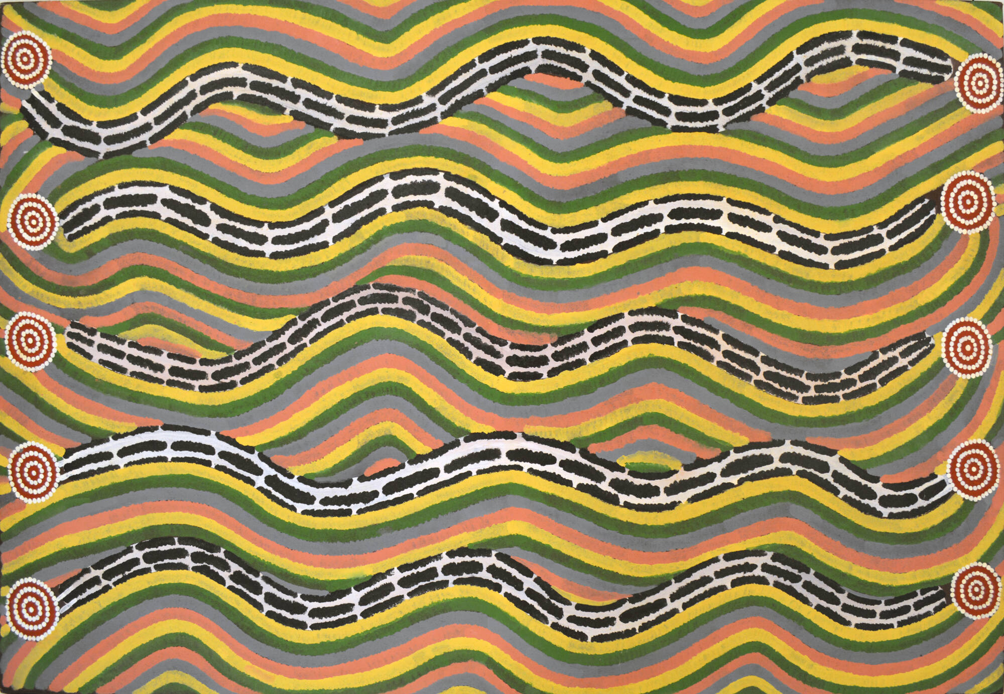 Green, yellow, grey, and pink horizontal wavy lines. 5 black and white wavy lines connecting red circles with white rings inside.